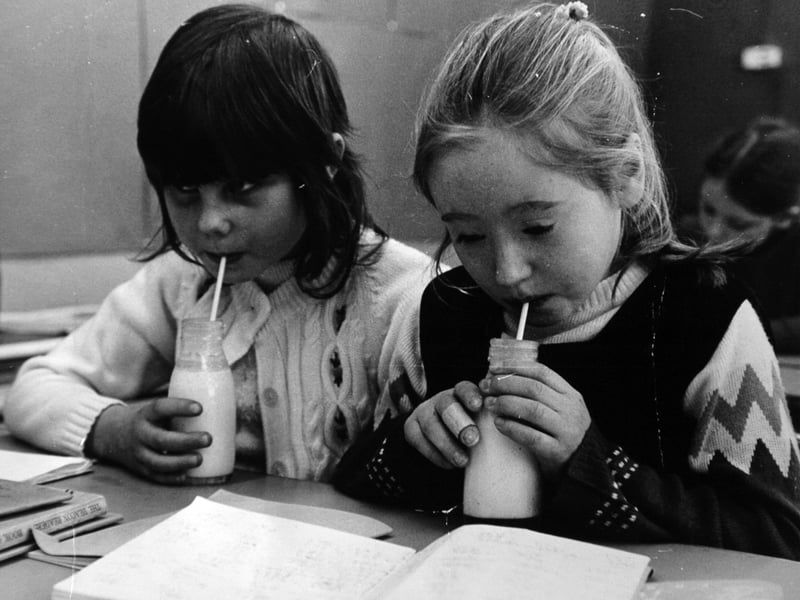 Pupils at Westwood County Junior School, Middleton, Leeds, enjoy their milk in January 1972
