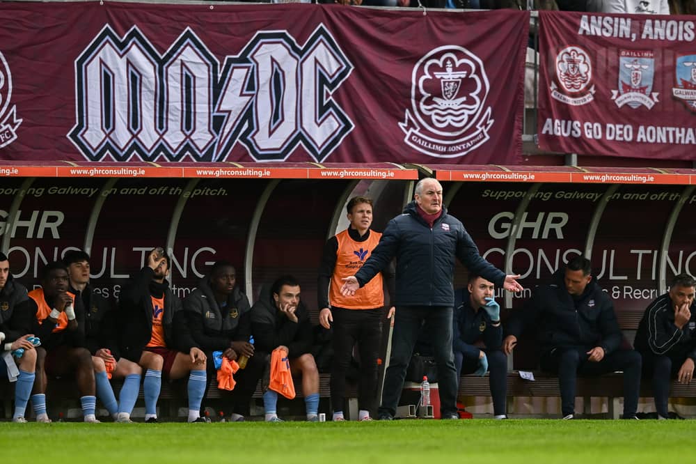  Galway United manager John Caulfield reacts to something on the pitch during the SSE Airtricity Men's Premier Division match between Galway United and St Patrick's Athletic at Eamonn Deacy Park. 