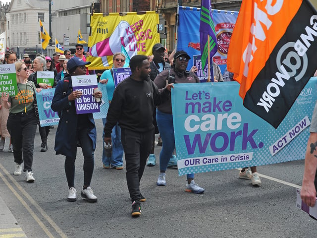Campaigners and trade union representatives marched through the city centre