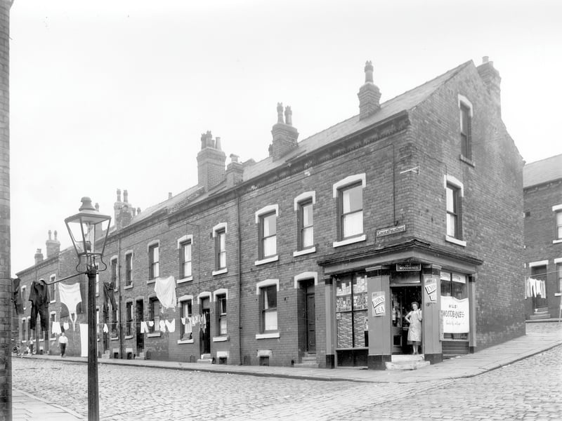 The corner shop, a grocers at no 43 Lincoln Field Row. The shopkeeper stands in the doorway. Pictured in August 1958.