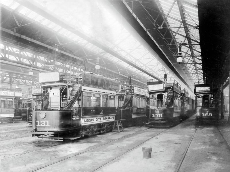 Inside Kirkstall Road Tram Sheds, built in 1897 as part of a large works depot. Several open-top trams can be seen, including nos. 131, 170 and 169. Pictured in December 1903.
