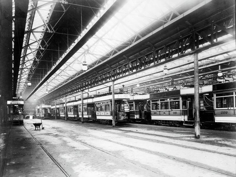 Inside the tram sheds at Kirkstall Road tram works and depot in December 1903.