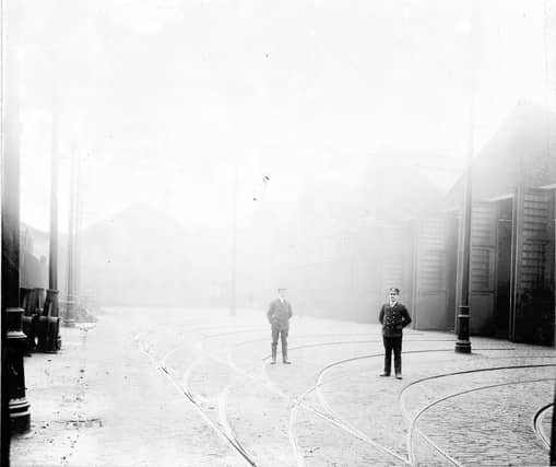 Tramlines and entrance to car sheds at Kirkstall Road Tram works and depot in December 1903.