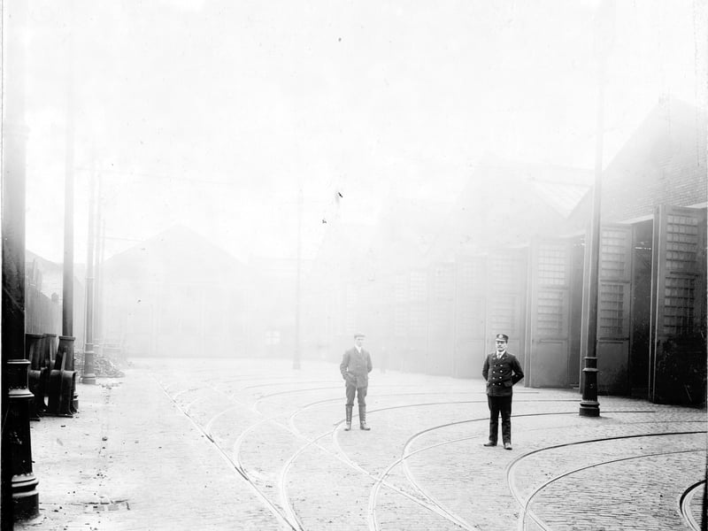 Tramlines and entrance to car sheds at Kirkstall Road Tram works and depot in December 1903.