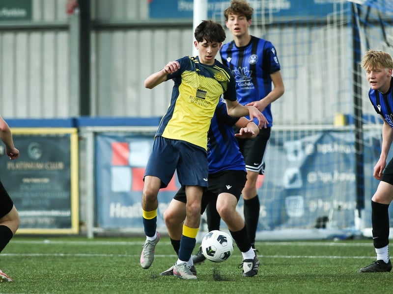 Action from Monyfields Youth Yellows v Clanfield Youth in Sunday's under-16 Arthur Hughes Challenge Cup final at Westleigh Park