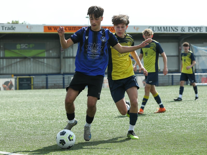 Action from Monyfields Youth Yellows v Clanfield Youth in Sunday's under-16 Arthur Hughes Challenge Cup final at Westleigh Park