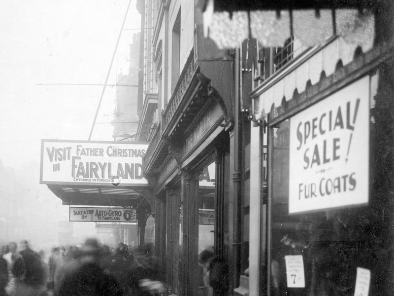 Hitchen's department store on Briggate showing sign for 'Father Christmas in Fairyland'. Pictured in December 1930.