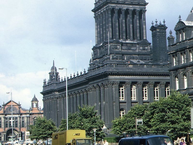 Leeds Town Hall from The Headrow in August 1971. Oxford Place Chapel is on the left and part of the Municipal Buildings housing the Central Library are visible to the right.