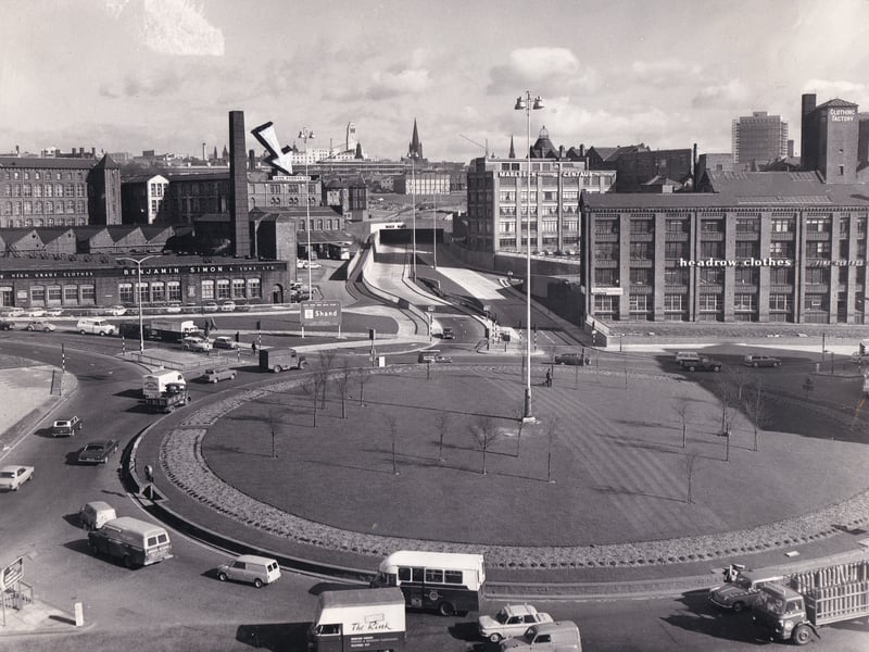 Westgate on the Leeds Inner Ring Road pictured in July 1971. The arrow points to the premises of clothing manufacturer John Barran & Sons.