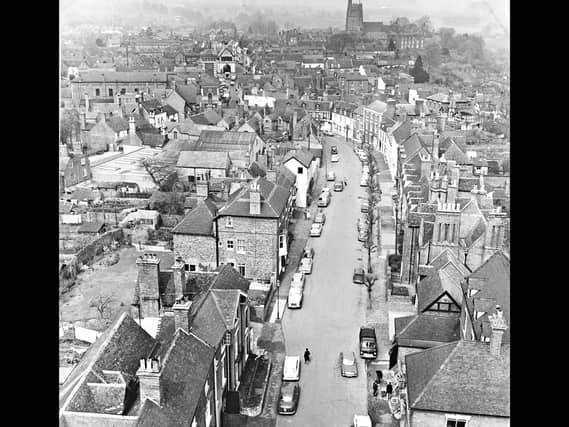 April 1965: A view from the tower of St Mary Magdalene Church, High Town, looking towards St Leonard’s Church in the background.