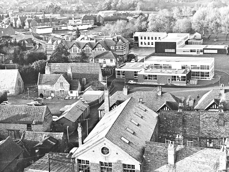 An undated bird’s-eye panoramic view from the top of St Leonard’s Church, with Bridgnorth Grammar School visible at the centre.