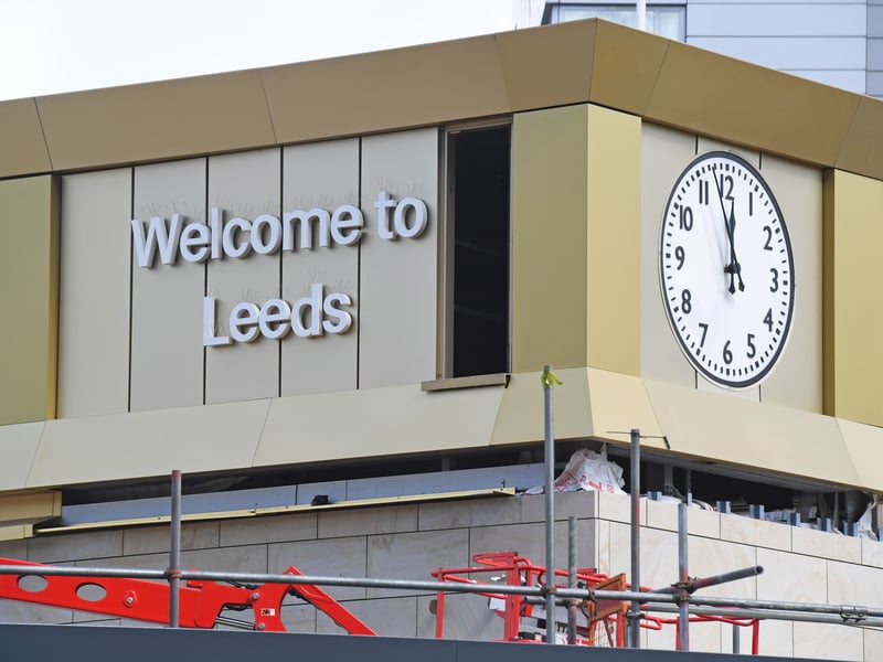 Lettering on the entrance's 'Welcome to Leeds' clocktower centre piece has almost been completed.