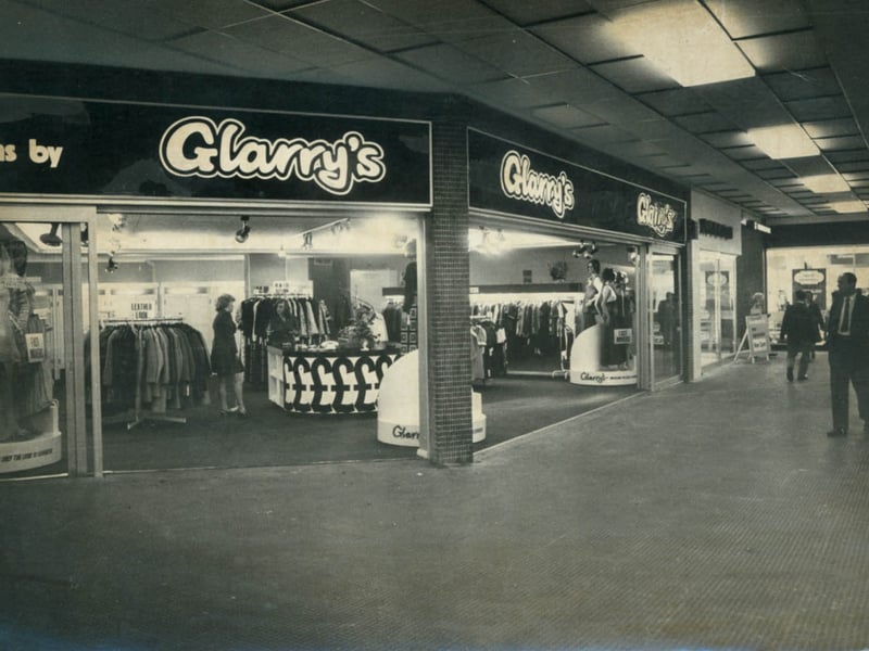 This picture of Glarry's fashion store in the Trident Centre, Dudley, was taken in September 1973. Bright displays and illuminated advertising panels were the order of the day.