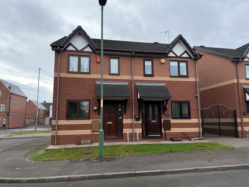 A modern two-bedroomed, semi-detached house with rear gardens on a cul-de-sac in Willenhall, with a £109,000+ guide price. There is a hall, reception room and kitchen downstairs, the bedrooms and bathroom upstairs, with gas central heating and double glazing, plus parking to the side.