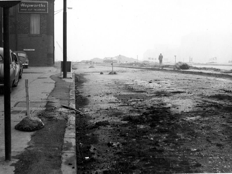 Looking north-east down Clay Pit Lane towards the Inner Ring Road. On the left is J. Hepworth & Son Ltd., clothes manufacturers in Providence Works. Pictured in November 1968.