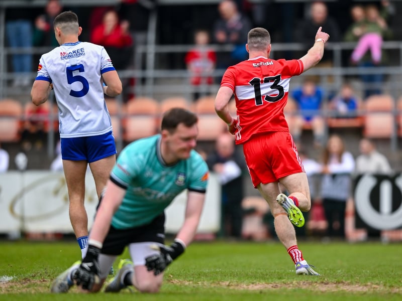 Niall Loughlin of Derry, 13, celebrates after scoring his side's first goal at BOX-IT Athletic Grounds in Armagh.