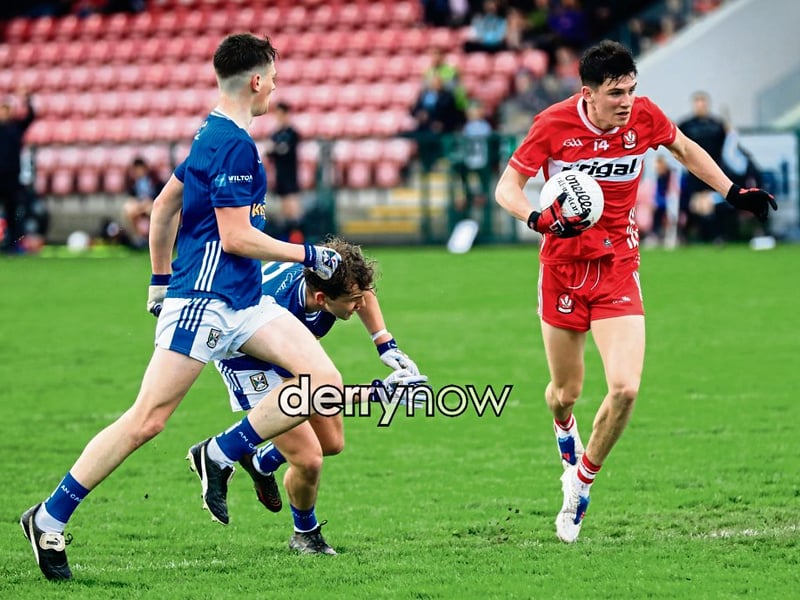 Derry’s captain Don Mulholland looks to the Cavan goal in the Electric Ireland Ulster Minor Football Championship.