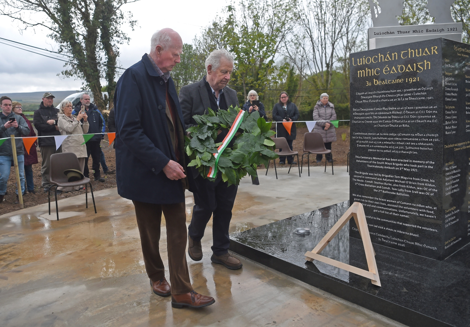 Tom Maguire and Pake Conroy laying a wreath at the 1921 Tourmakeady Ambush monument which was unveiled at a ceremony on Sunday last in Tourmakeady. Pic: Conor McKeown