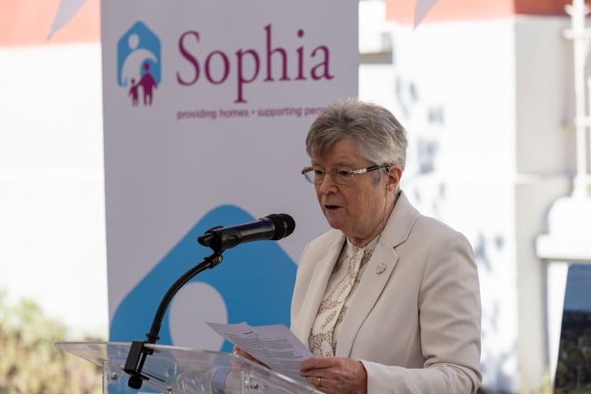 Sister Frances Crowe speaking at the official opening of Laois County Council and Sophia Housing's social homes on the former Portlaoise Convent site.