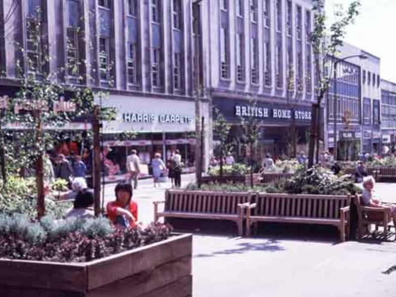 The Moor, Sheffield city centre, in 1980, showing Harris Carpets and British Home Stores