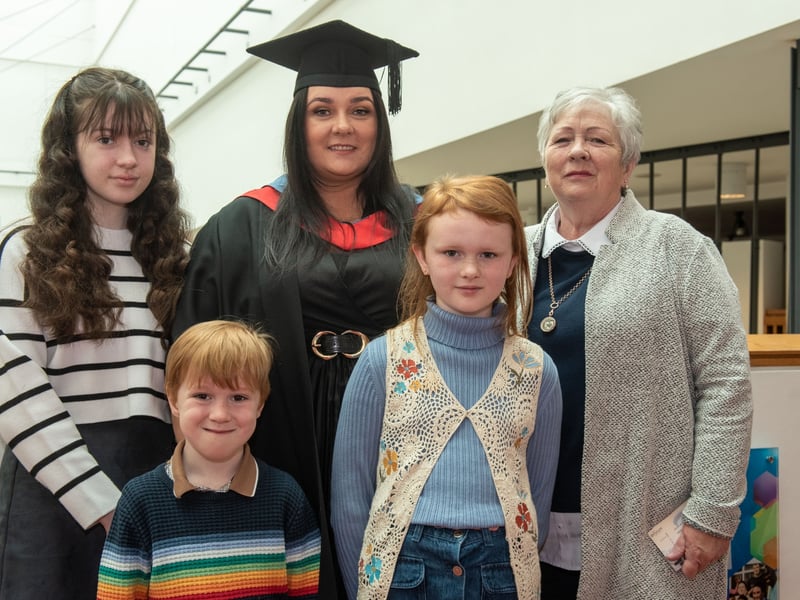 Above: Lesley Anne Torrens, from Garvagh, pictured with children Connie, Lana and Mason, and mum Roberta when she was awarded the Pearson BTEC Level 5 Higher National Diploma in Hair & Beauty Management at North West Regional College’s graduation ceremony.