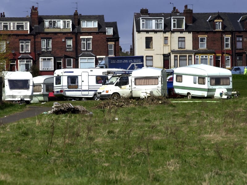 Travellers on a site close to Cross Green Industrial Estate in April 2003.