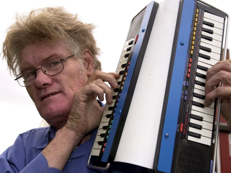 This is Ralph Bowes pictured in October 2003 with a musical instrument he had designed.