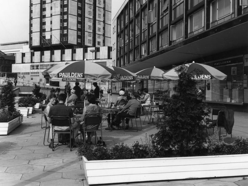 The cafe area outside Pauldens department store, on Charter Square, Sheffield, in the 1970s