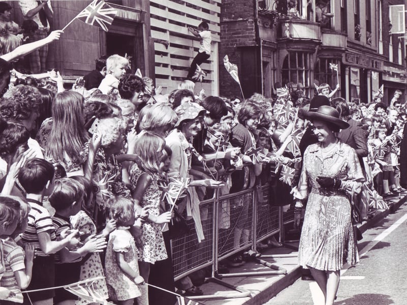 Crowds line the stret to see the Queen in Doncaster in July 1975
