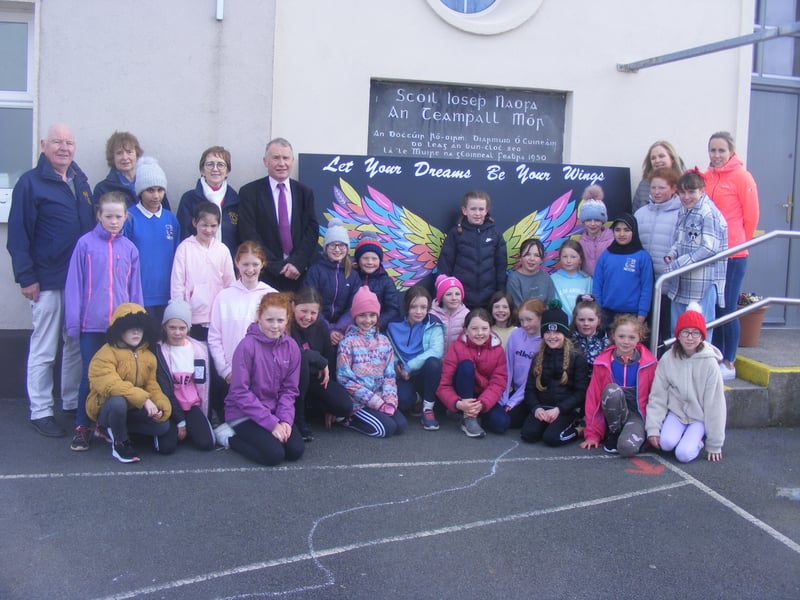 St Joseph's National School - We had a very busy week here in St. Joseph’s PS working on the Lions Club project. The 3rd & 4th class task was to add a splash of colour to our wonderful and most cherished town park. It was no surprise that they jumped at the challenge! With the help of Ms. N Ryan and Sinéad Stone they helped design and create this wonderful piece of art centred around the idea of dreams and wings. The girls were eager to add as much colour as possible to brighten the walkway and so the idea of vibrant feathers was the overall winner! They then had the task of creating a caption for our wings and so it went to a vote. We had some wonderful captions put forward but unfortunately there could only be one winner and that was Ella Breen with “Let your Dreams Be Your Wings”. Congratulations to both 3rd and 4th class on a magnificent piece of art that we hope will not only brighten the town but also brighten the day of those who pass.