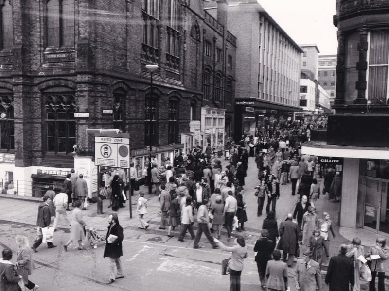 A busy Lands Lane on a Saturday afternoon in December 1979.