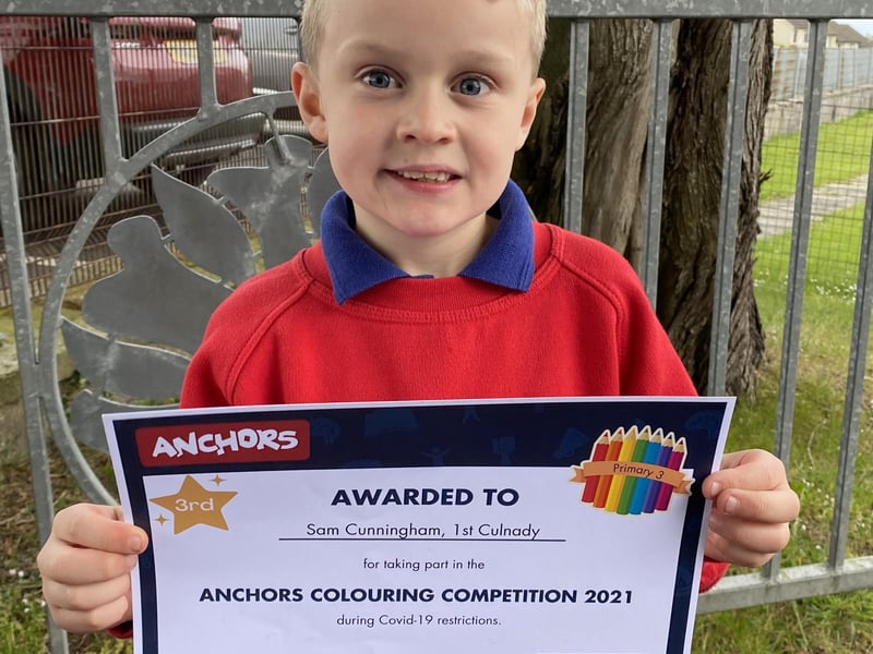 As part of the Northern Ireland District Competitions we were delighted that Sam was placed 3rd in the Primary 3 category Colouring Competition for Anchor Boys.