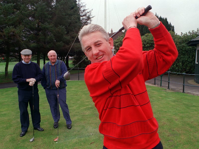 Moortown Golf Club's new captain Michael Craven drives off watched by Bryon Hutchinson, left, and vice-captain Malcolm Tain. Pictured in February 1998.