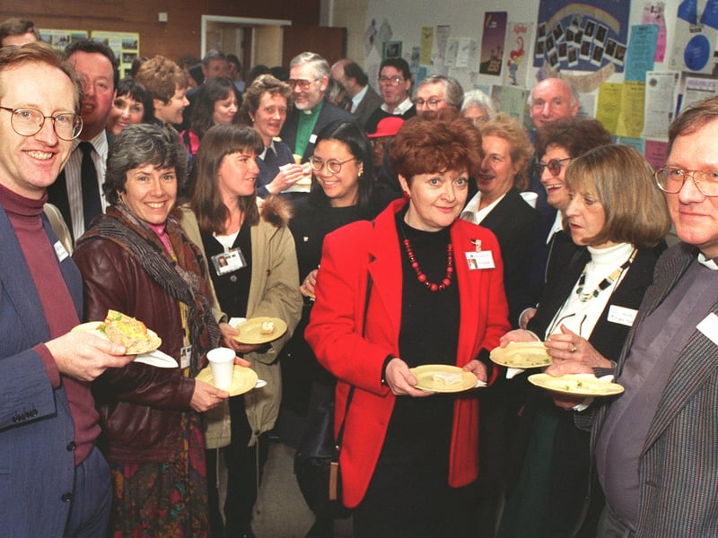 Rev Stephen Ibbotson, left and guests pictured at a community lunch at Moortown Baptist Church on King Lane in March 1996.