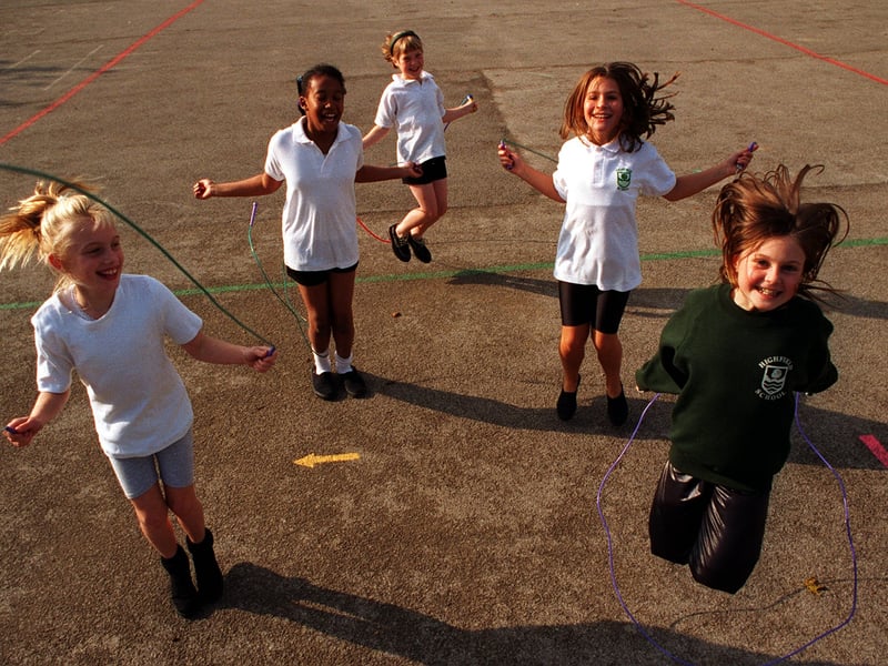 Some of the pupils of Highfield Primary School who were taking part in a sponsored skip in aid of the British Heart Foundation in October 1996. Pictured, from left, are Jenny Webster, Danica Donaldson, Jessica Allamby, Vicky Dabrowsky and Laura Stead.