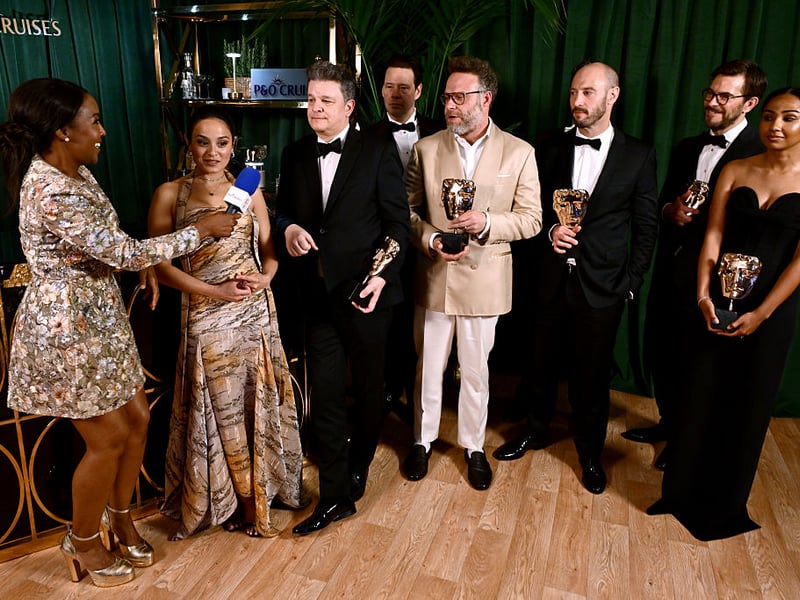 Angellica Bell, Chase Sui Wonders, Alex Gregory, Ike Barinholtz, Seth Rogen, Evan Goldberg, Peter Huyck and Frida Perez at the Bafta Television Awards.