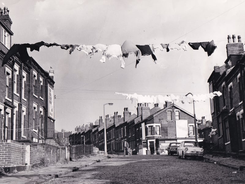 Washing stretches across Bayswater Row during a Monday washday in November 1971.