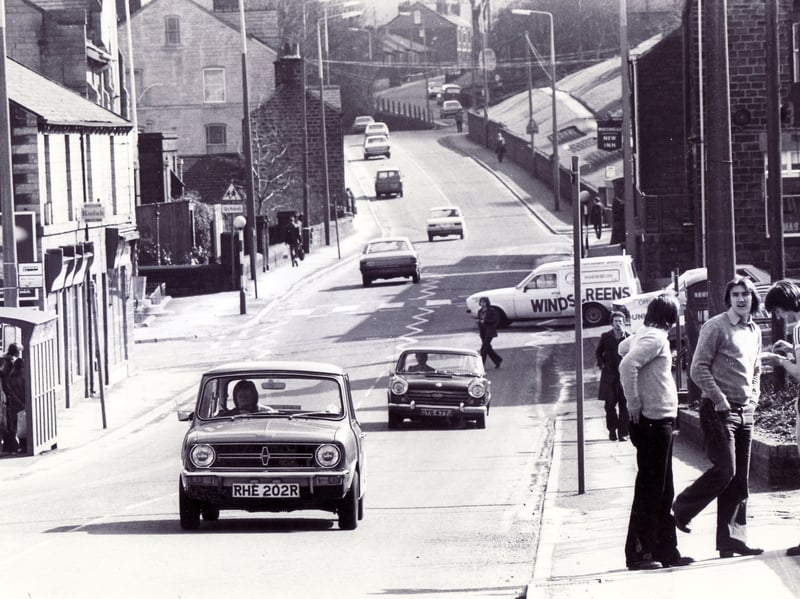 A street scene in Stocksbridge, Sheffield, in April 1980