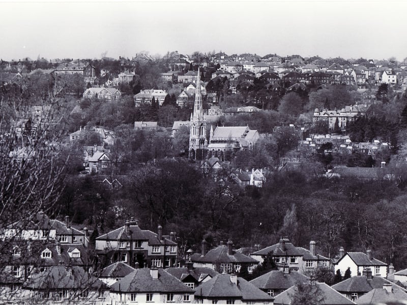 The view from Psalter Lane, Sheffield, looking over the area towards Ranmoor, including the Church of St John's, in April 1985