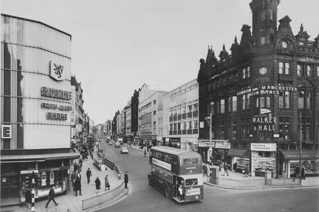 Leeds, Briggate, in the 1960s, with shops including Saxone shoes