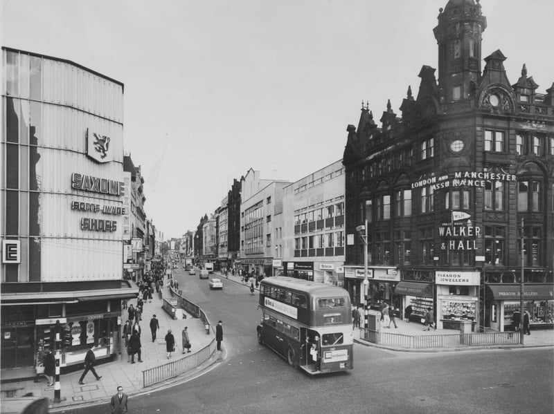 Leeds, Briggate, in the 1960s, with shops including Saxone shoes