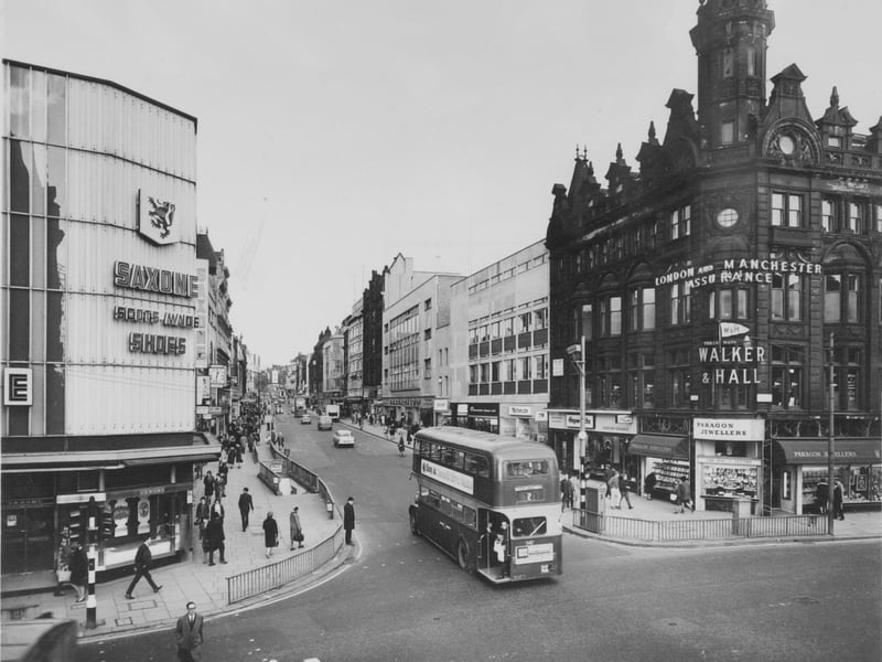 Briggate, Leeds, in the 1960s, with shops including Saxone shoes