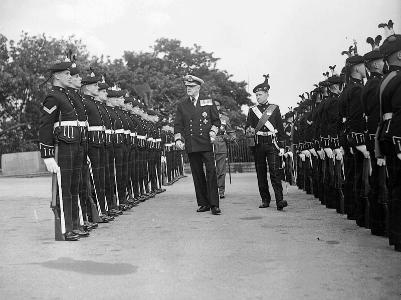The Royal Scots inspected by Admiral Sir J Eccles at Edinburgh Castle in 1956.
