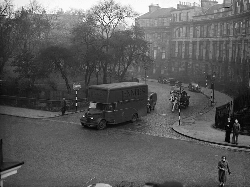 A view of Randolph Crescent in 1956, with a Jenners lorry and horse-drawn cart in the foreground.