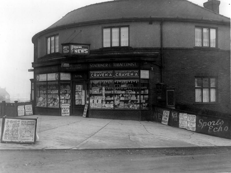 Newsagents on a corner of Garnet Road and Dewsbury Road. Double fronted business also stationer and tobacconist premises of Alfred Fox. Pictured in December 1938.