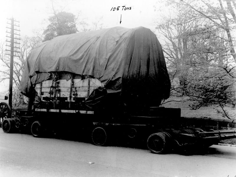 A 105 ton stator and bogie which is been drawn by 2 Fowler steam tractors. It is believed that the photo was taken on Wellington Hill. Pictured in May 1941.