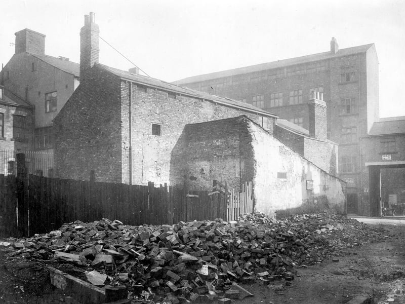 Area of demolition was number 1 Pollards Yard, which was situated off Nelson Street. It was formerly a slipper factory, owner Isaac Landey. The factory to the right and then partially viewed in background was on Millgarth Street and used by various clothing manufacturers. This area was cleared to create Eastgate. Pictured in October 1927.