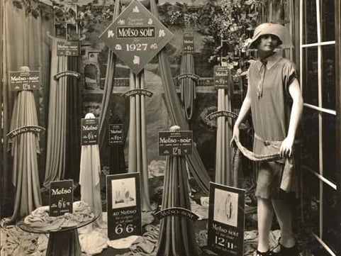 A shop window display with a special display of "Melso" Fabrics for M. C. Hitchens and Sons on Kirkgate.