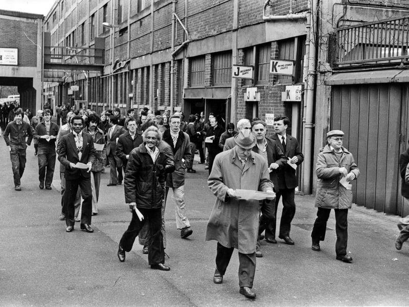 Workers leaving a redundancy meeting at Hadfields, Hillsborough, Sheffield, in April 1981.