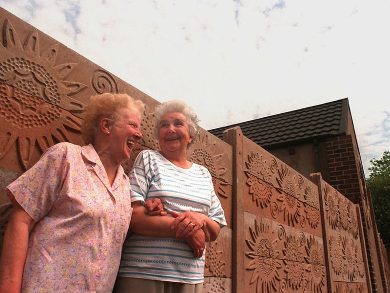 June 1996 and estate residents Audrey Norris, left, and Irene Evans stand proudly beside the Yorkshire Electricity sub station on Stanley Road after being transformed into a work of art.